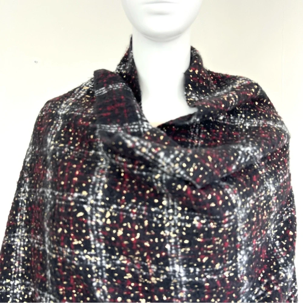 MICHAEL KORS Multicolored Plaid Tweed Gold Foil Knit Soft Long Shawl Wrap Scarf